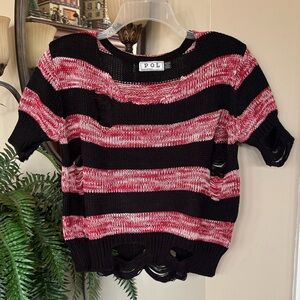 NWOT POL Black & Red Striped Marled Knit Distressed Sweater Cotton Cropped Top